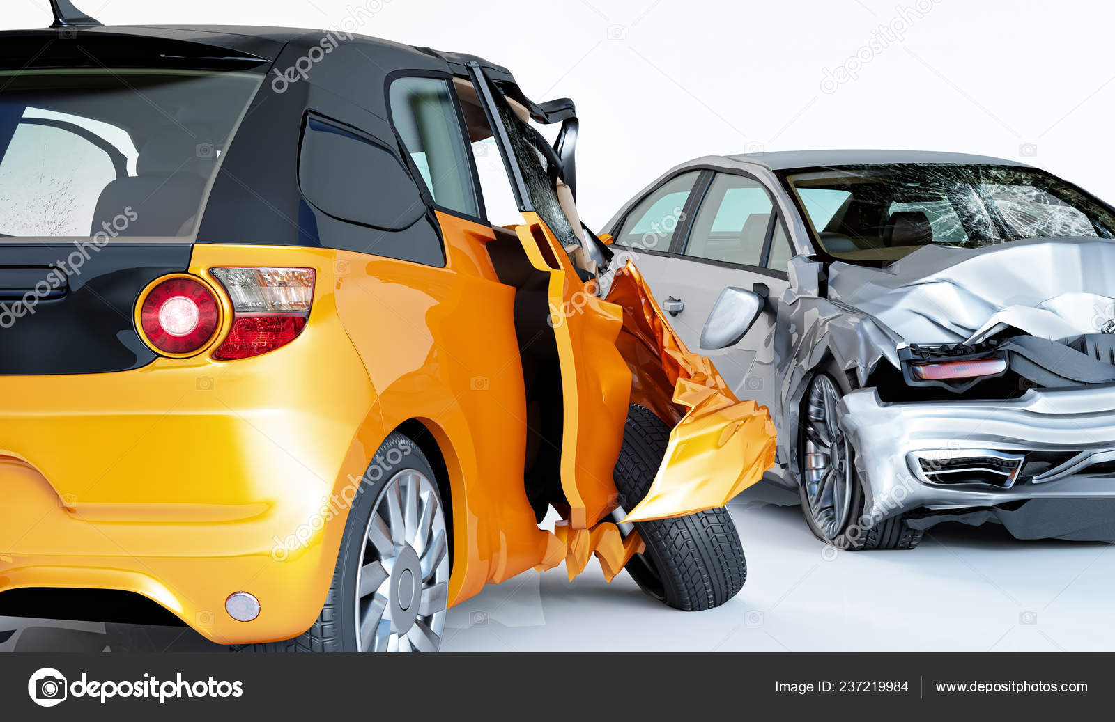 Two Cars Accident Crashed Cars Yellow City Car Foreground Silver